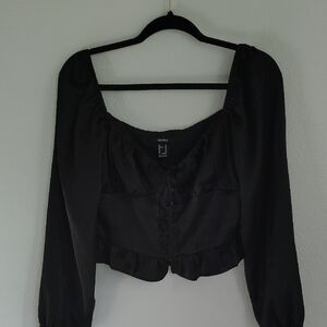 Forever 21 Womens Y2K Puff Sleeve Milkmaid Top Size M Black Satin Tie Coquette